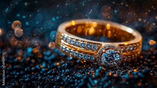 Exquisite gold ring with diamonds close up shoot on black dirt abstract background, professional studio photo