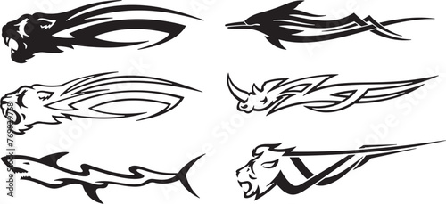 Tribal animals vehicle graphics vector set. Vinyl ready, great for car, motor and truck decals, stickers and T-shirt designs. Freedom, speed, racing concept.