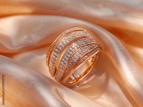 Exquisite gold ring with diamonds close up shoot on peach fuzz color abstract background, professional studio photo