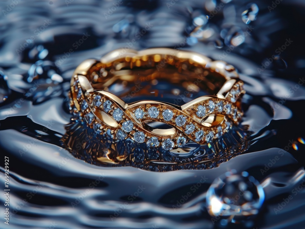 Exquisite gold wedding ring with diamonds close up shoot on black water abstract background, professional studio photo Exquisite gold wedding ring with diamonds close up shoot on black water abstract background, professional studio photo