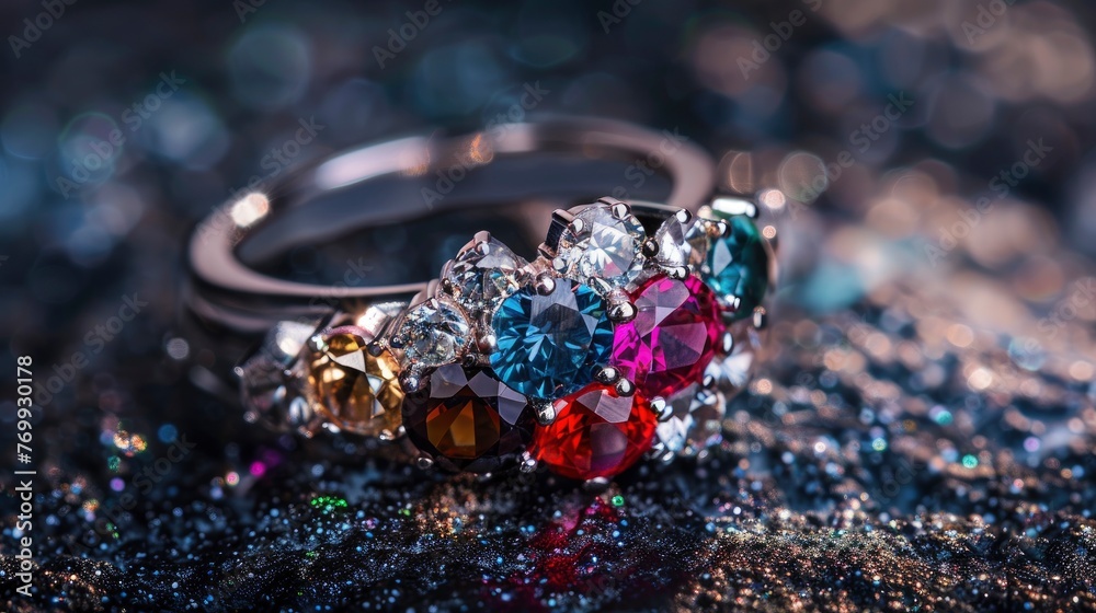 Exquisite silver ring with jewelry stones close up shoot on black abstract background, professional studio photo Exquisite silver ring with jewelry stones close up shoot on black abstract background, professional studio photo