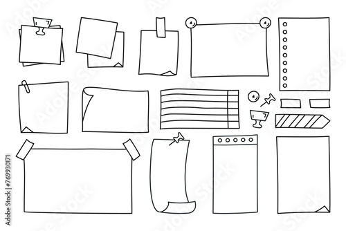Doodle paper sheets, stickers and pins. For notes, to do list and memo. Vector illustration