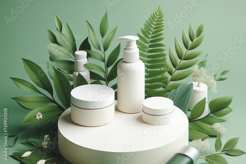 A white and green display beauty products, including a bottle of lotion