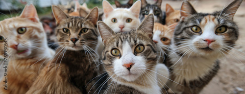 Close-Up Gathering of Various Domestic Cats, Showcasing an Array of Breeds with Captivating Eyes and Whiskers, All Looking at the Camera. © Pics_With_Love