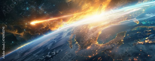 Meteorite entering the atmosphere of planet Earth  view from space  realistic graphics