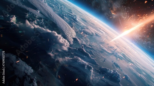 Meteorite entering the atmosphere of planet Earth, view from space, realistic graphics © shooreeq