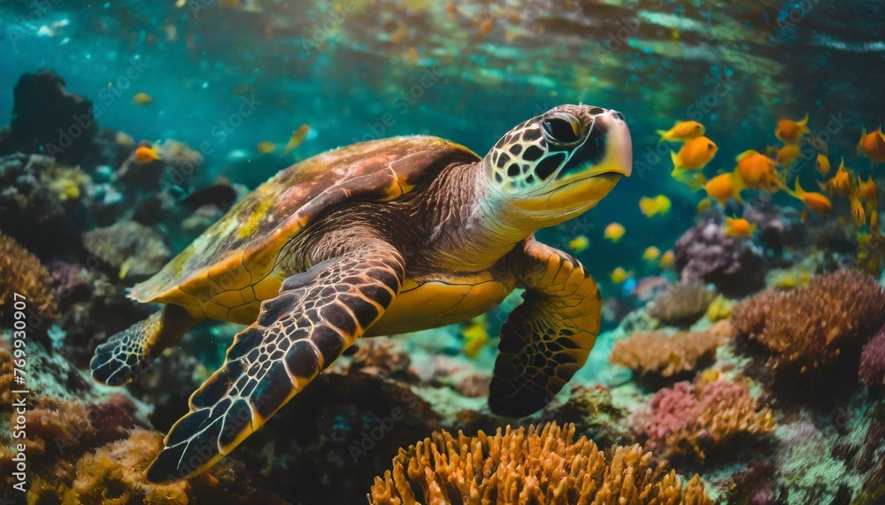Sea turtle swimming on group of colorful fish and sea animals with colorful coral underwater in ocean, Underwater world in scuba diving scene, Sea turtle swimming on group of colorful fish and sea animals with colorful coral underwater in ocean, Underwater world in scuba diving scene,