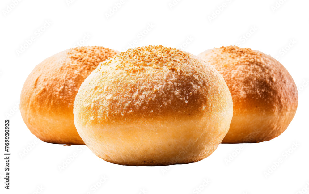 Three round bread rolls covered in sugar crystals, creating a sweet and irresistible treat