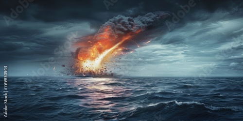 Meteorite falling into the ocean on planet Earth, professional photo, catastrophe, global disaster