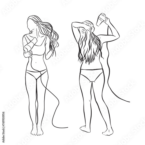Women drying their hair with a hairdryer with front and back poses. transparent background.