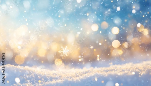 magical winter background with snow snowflakes and soft bokeh lights on blue sky cold backdrop for christmas snowy still life at frosty weather time blurred magical background © Joseph