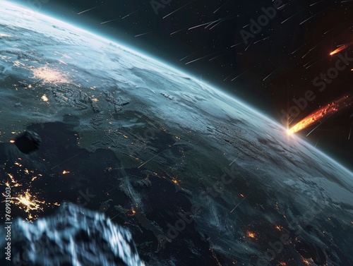 Meteorite falling on planet Earth  view from space  realistic graphics