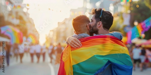 Two beautiful gay men hugging while wrapped in an LGBT flag on pride parade, professional photo, blurred background