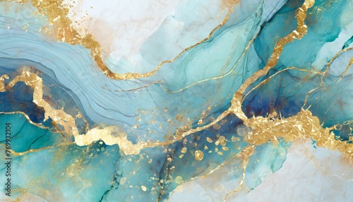 abstract blue and gold paint splash background with golden stains cyan marble alcohol ink drawing effect turquoise geode with kintsugi illustration design template for wedding festive