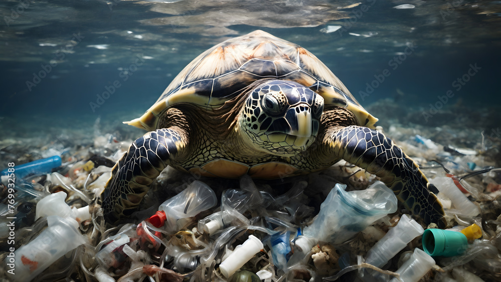 Conceptual art for World Oceans Day: A resilient sea turtle gracefully ...
