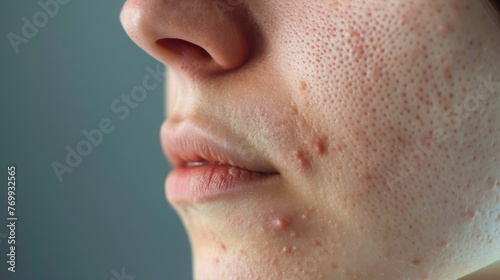 acne on woman face with rash skin, scar, and red skin syndrome allergic to cosmetics, use steroids, dermatology, inflammation, infection, hygiene
