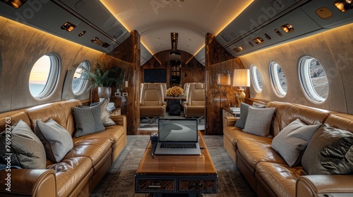 a private jet in stunning high resolution, featuring buttery soft tan leather seats and warm wood accents, with an open laptop elegantly placed on the table, epitomizing sophistication and comfort.