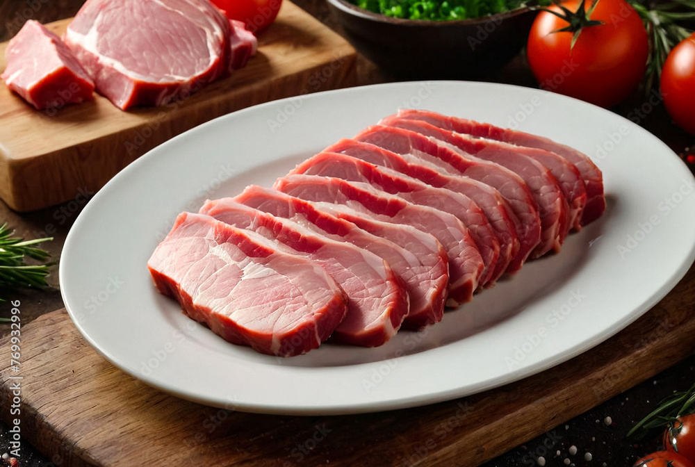 Raw cuts meat close-up, raw pork against background of cooking fat meat at home. Food large on plate. Lots fat. Filling. Delicious frying of meat products. Cooking stew in rustic style, top View