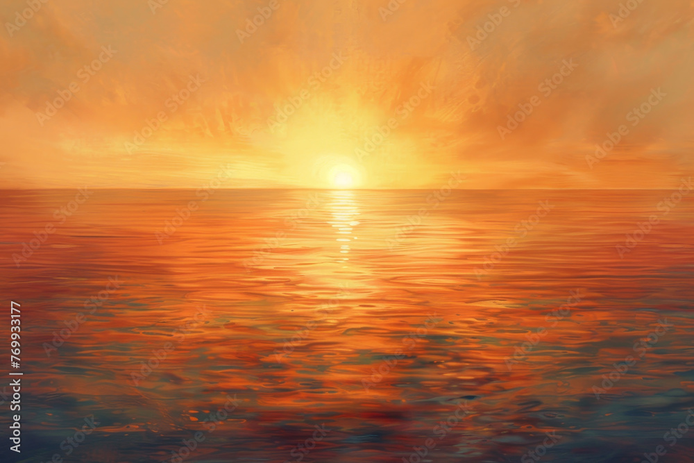 A painting of a sunset over the ocean with a sun in the sky