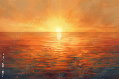 A painting of a sunset over the ocean with a sun in the sky © mila103