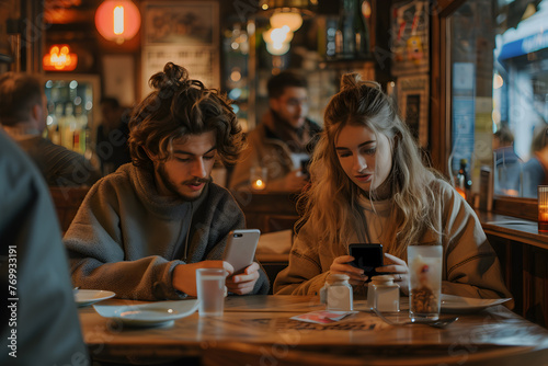 Young couple on a date in a restaurant, each looking at their phone