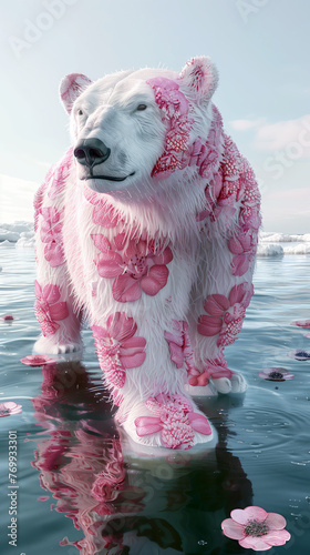 White polar bear with pink fower fur photo