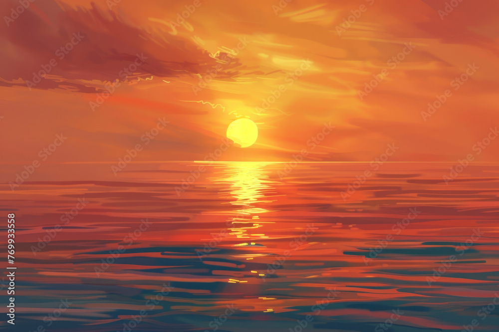 A painting of a sunset with a large sun in the sky