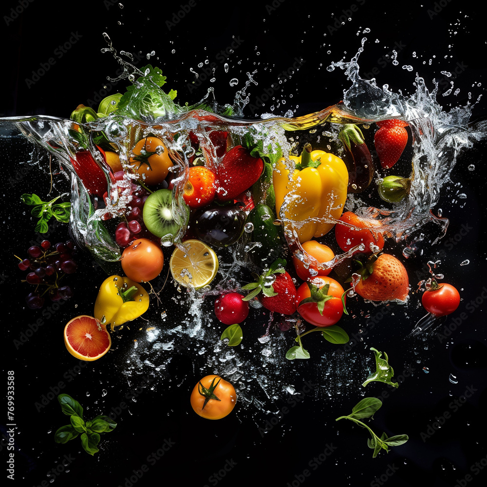 Water splashing on vegetables and fruits Water splashing on vegetables and fruits