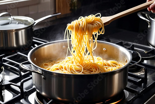 Cooking pasta in pot of boiling water on stove in kitchen. Italian Pasta. Macaroni of various varieties in very hot voda. Water boils and spaghetti noodles for cooking Italian pasta photo
