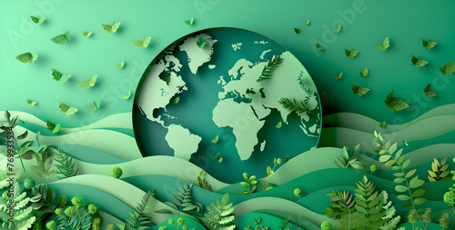 Earth Day banner template with paper cut out style trees and green leaves in 3d render illustration. Ideal for environmental events and promotions.