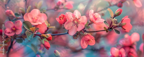 A Vibrant Close-Up View of a Flowering Quince Branch Bursting into Bloom, Signaling the Joyous Arrival of Spring photo