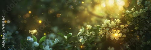 A Magical Encounter: A Lone Firefly Illuminates the Darkness Near a Fragrant Night-Blooming Jasmine in the Heart of Spring