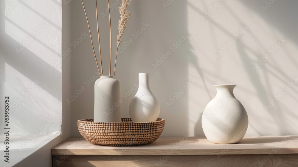 Serene Minimalist Home Interior with Vases and Shadows Serene Minimalist Home Interior with Vases and Shadows