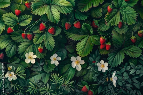 A Lush Cluster of Wild Strawberries in Full Bloom, Nestled Amongst the Verdant Foliage of a Spring Meadow © aicandy
