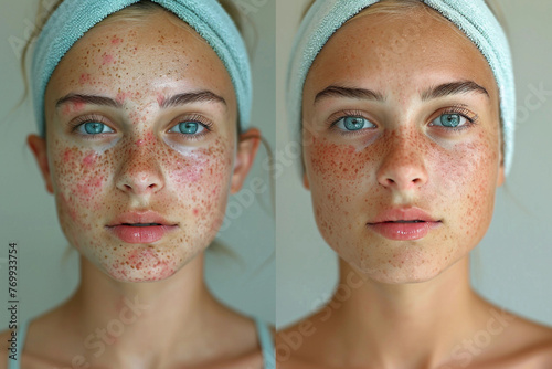 Before and after acne treatment collage portrait of the face of young beautiful woman. Problem skin rejuvenate and beauty skin care concept.