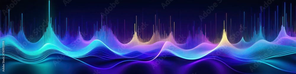 Futuristic abstract dark background with glowing neon multicolored waves. Background for poster, banner, social media, place for text	