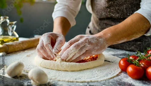 Crafting Crust: Close-Up of Hands Kneading Pizza Dough in Flour, A Tactile Journey"