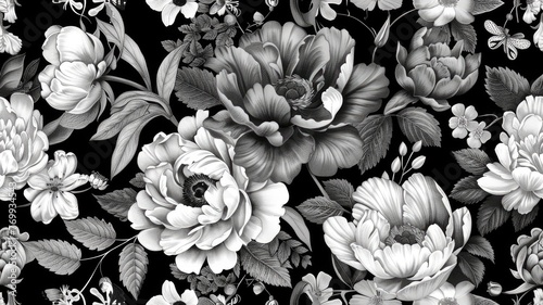 Wallpaper Mural a floral vintage seamless pattern, featuring blooming peonies, roses, tulips, garden flowers, decorative herbs, and leaves against a classic black and white background. SEAMLESS PATTERN Torontodigital.ca