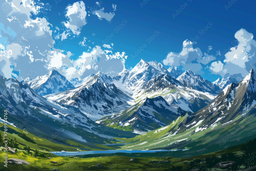 A painting of a mountain range with a blue sky and clouds