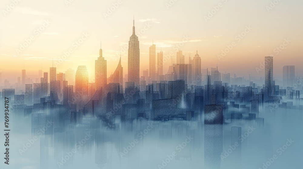 Artistic cityscape with a pixelated fog effect creating a serene and mystical atmosphere during a warm sunset.