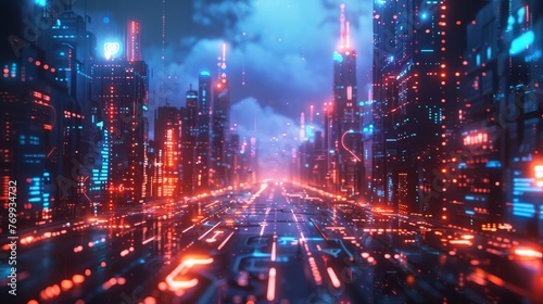 A street-level view of a cyber city with neon lights, showcasing futuristic urban design and advanced technological infrastructure.