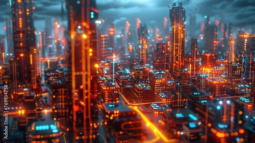 An immersive digital rendering of a futuristic cityscape at night  with neon lighting and high-tech skyscrapers suggesting advanced urban development.