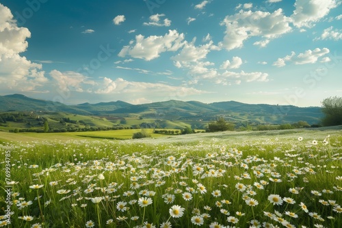 A Serene Meadow Blanketed with Blooming Daisies Under the Vast, Unblemished Azure of a Spring Sky