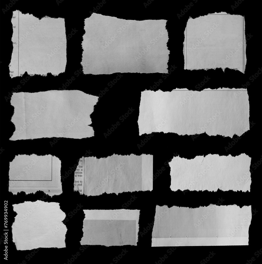 Eleven pieces of torn newspaper on black background