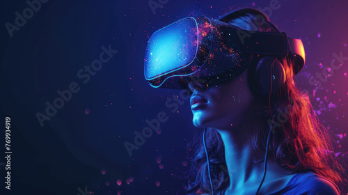 Adult girl uses VR glasses on abstract dark background  portrait of young woman wearing futuristic headset. Theme of technology  virtual reality  future
