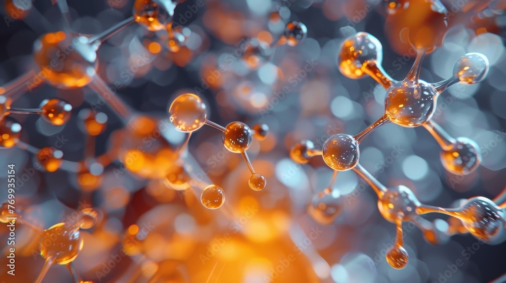 A 3D visualization of a molecular structure in warm tones, featuring atoms connected by bonds, with a soft bokeh effect in the background. - obrazy, fototapety, plakaty 