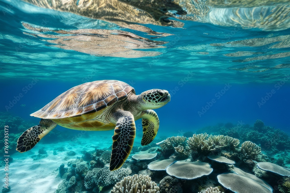 Fototapeta premium Turquoise Tranquility: Turtle Swimming Near a Coral Wonderland