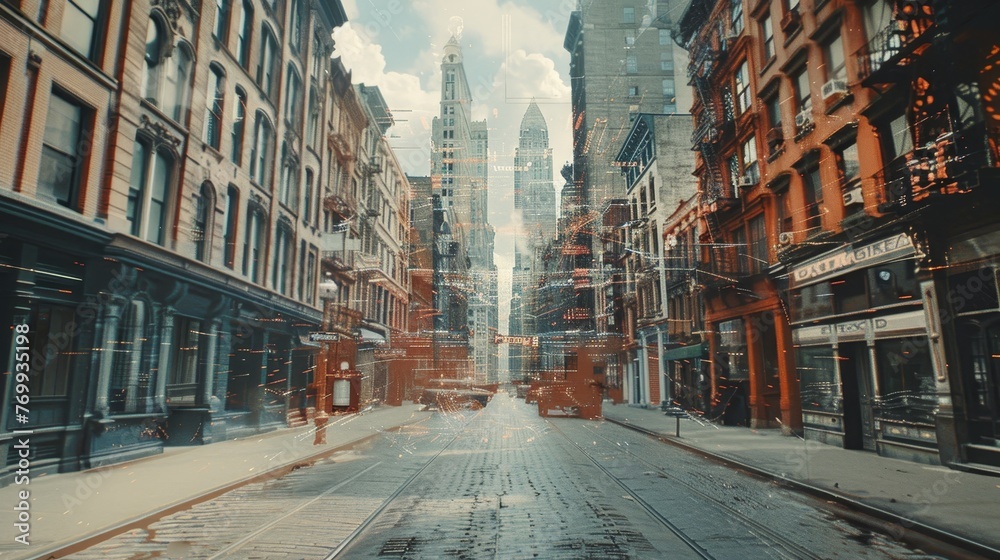 A creative blend of an old-fashioned city street with a superimposed digital matrix, suggesting a nostalgic journey through a cybernetic urban landscape.