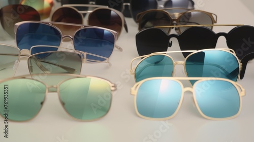 A selection of stylish sunglasses laid out, showcasing various frame designs and tinted lenses, ideal for summer fashion accessories photo