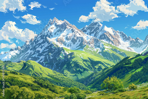 A mountain range with snow on the peaks and a clear blue sky